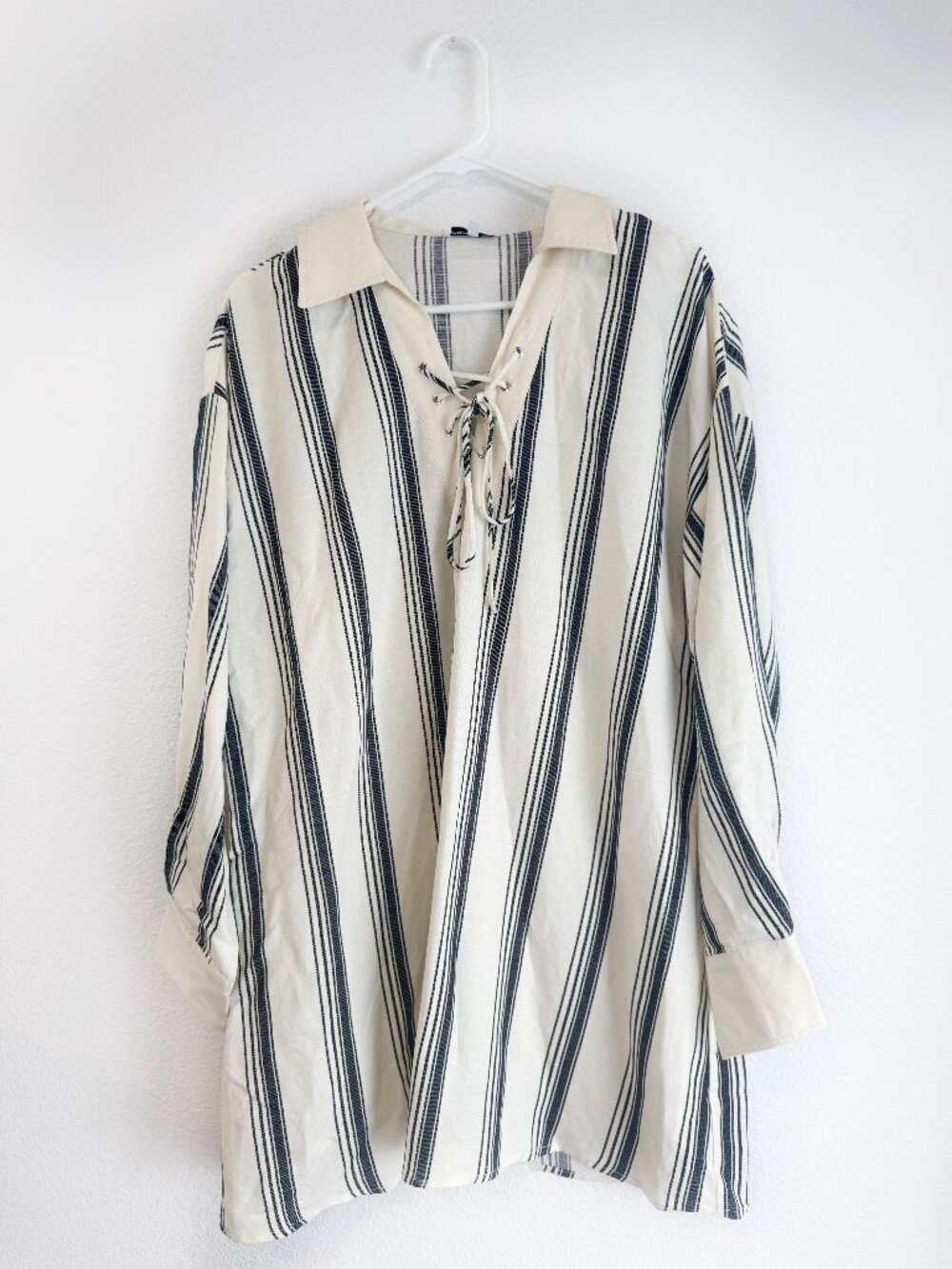 Jacquie The Label Oversized Striped Linen Blend Tunic Dress in Ecru Large